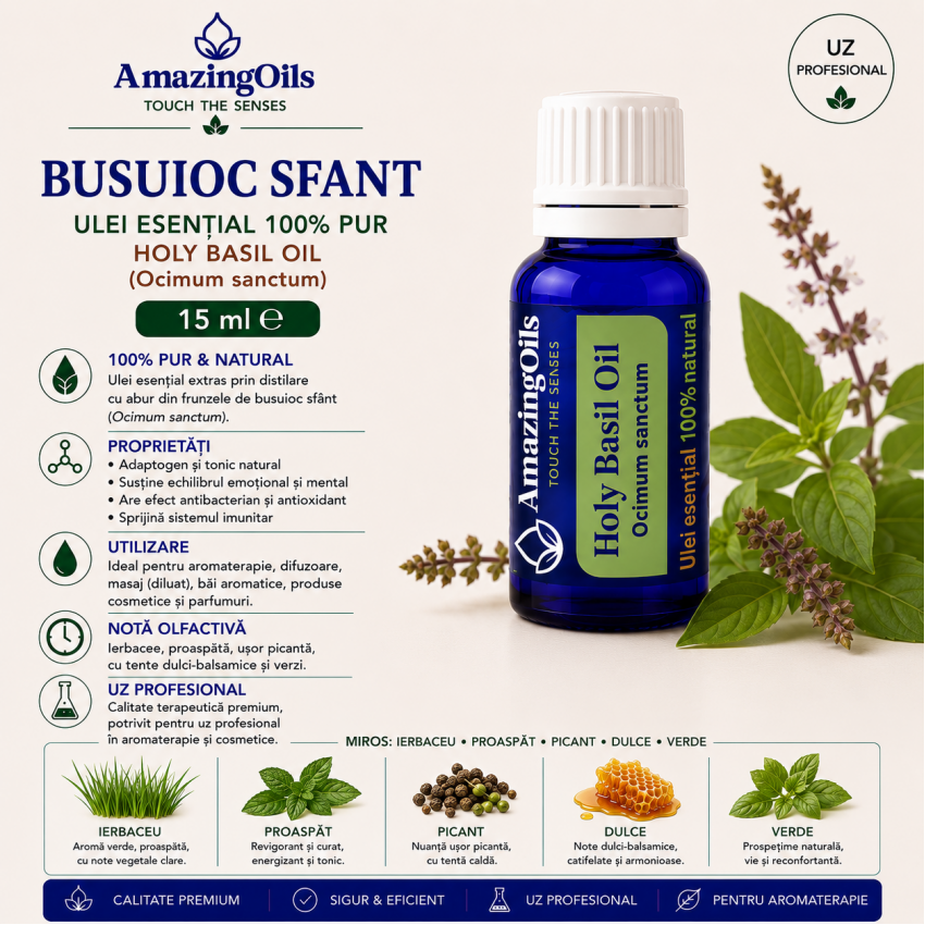   BUSUIOC SFANT-Ulei  esential 100% pur-HOLY BASIL  OIL (Ocimum sanctum) 15 ml 