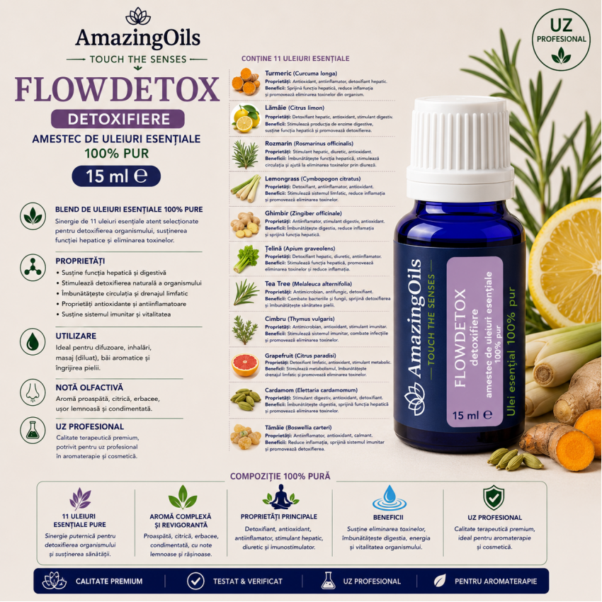 FLOWDETOX- detoxifiere-amestec de uleiuri esentiale 100%pur-DETOX-15ml