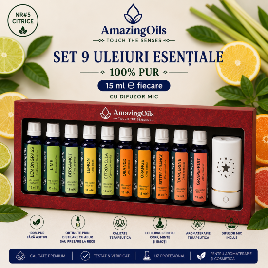 SET 9 uleiuri esentiale  100% PUR -15 ml  fiecare cu difuzor mic NR#5 CITRICE
