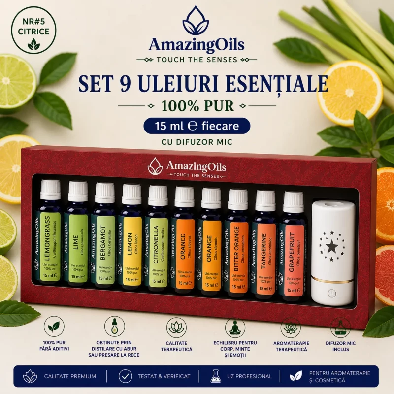 SET 9 uleiuri esentiale  100% PUR -15 ml  fiecare cu difuzor mic NR#5 CITRICE