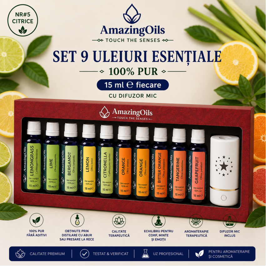 SET 9 uleiuri esentiale  100% PUR -15 ml  fiecare cu difuzor mic NR#5 CITRICE