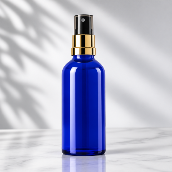 Sticlă  albastră cu pulverizator auriu – 100 ml