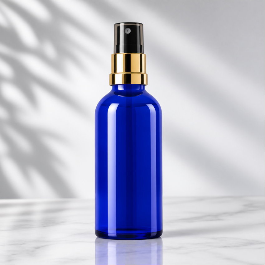 Sticlă  albastră cu pulverizator auriu – 100 ml