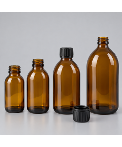 Sticlă brună Amber 150 ml cu capac negru 28/410