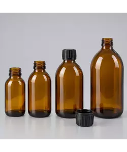 Sticlă brună Amber 150 ml cu capac negru 28/410