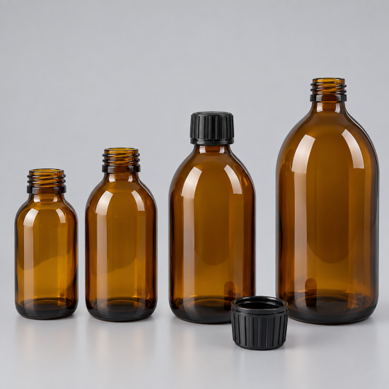 Sticlă brună Amber 150 ml cu capac negru 28/410