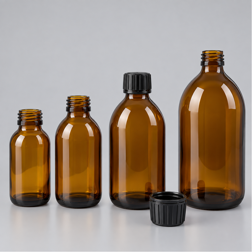 Sticlă brună Amber 150 ml cu capac negru 28/410