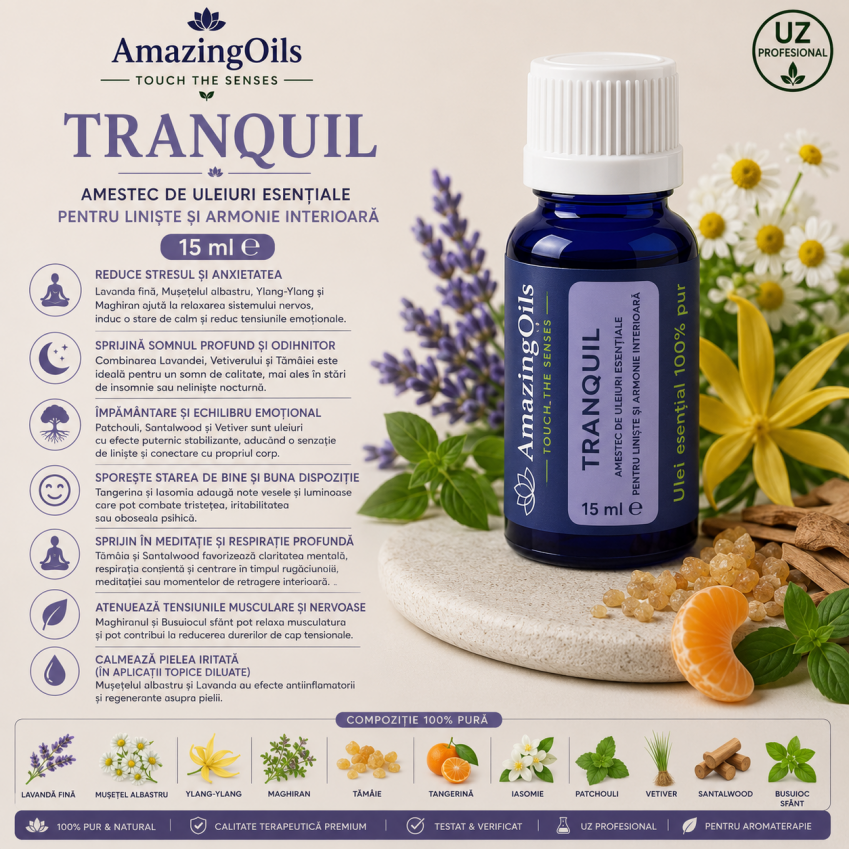Tranquil – Amestec de uleiuri esențiale pentru liniște și armonie Interioară-15ml