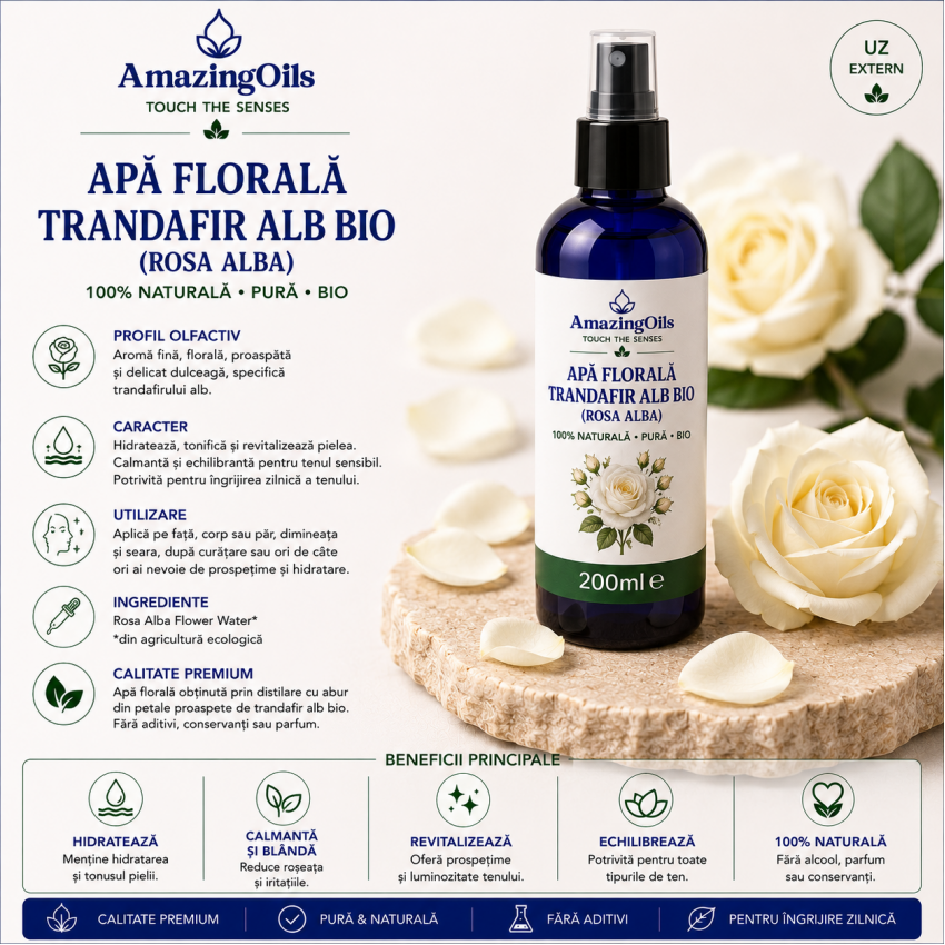 Apă Florală Trandafir Alb Bio (Rosa Alba) – 200ml