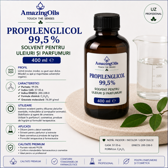 Propilenglicol  99,5%. 400ml– Solvent pentru uleiuri și parfumuri