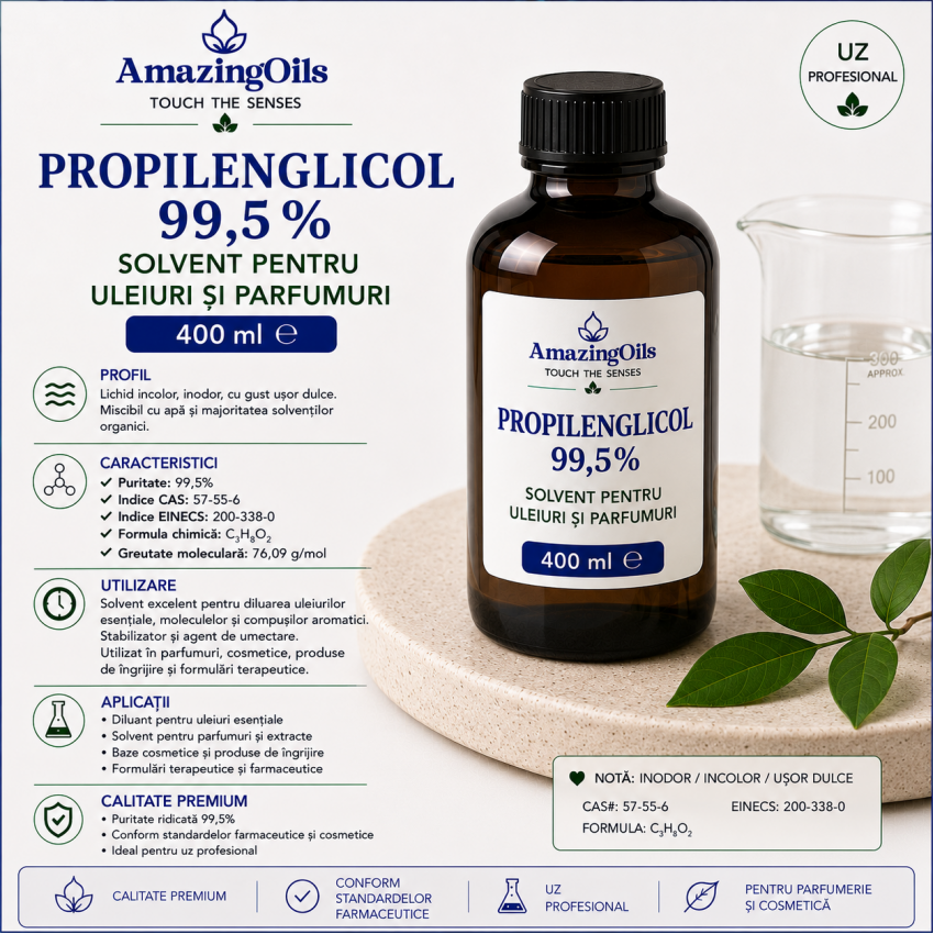 Propilenglicol  99,5%. 400ml– Solvent pentru uleiuri și parfumuri