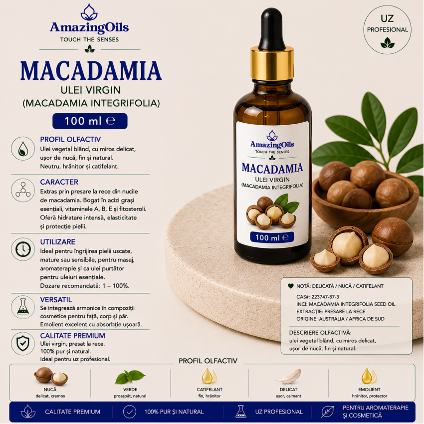  MACADAMIA - Ulei  virgin- (Macadamia Integrifolia ) sticla cu pipeta 100ml