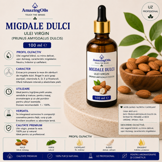 MIGDALE DULCI - Ulei  virgin-  (Prunus amygdalus dulcis ) sticla cu pipeta 100ml