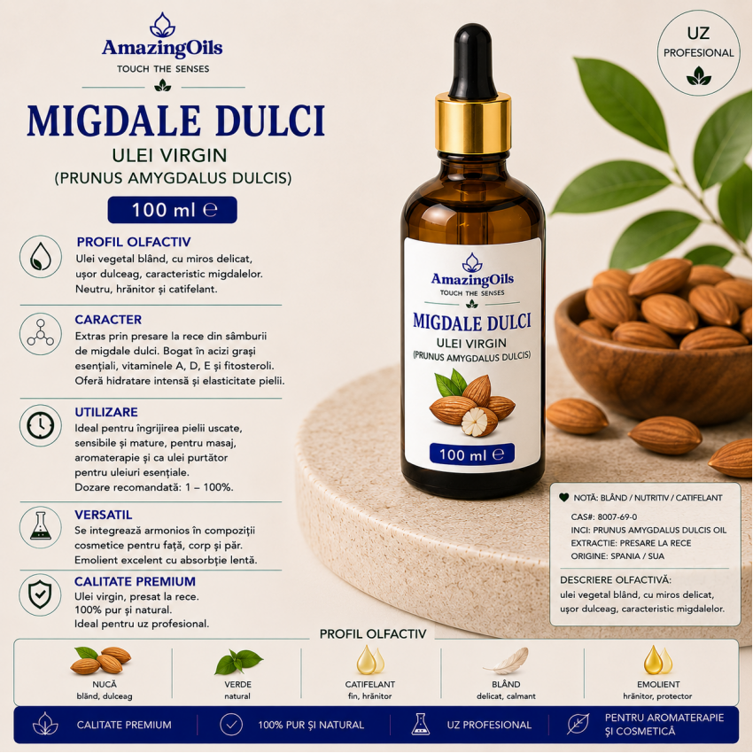 MIGDALE DULCI - Ulei  virgin-  (Prunus amygdalus dulcis ) sticla cu pipeta 100ml