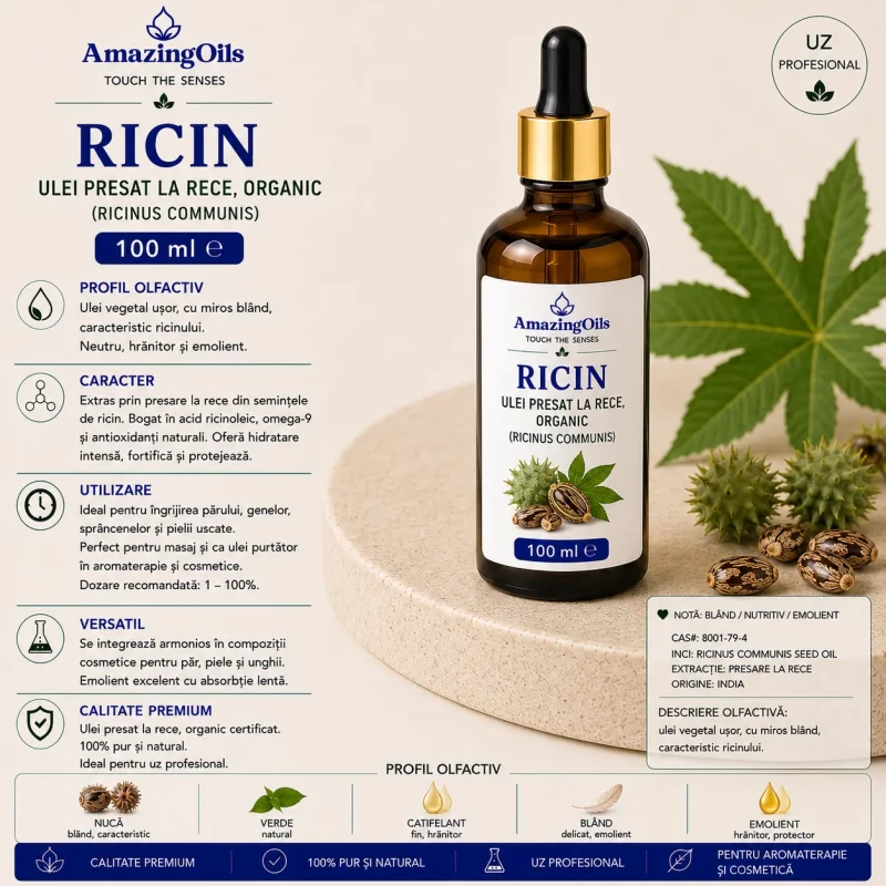 RICIN-Ulei presat la rece, organic (Ricinus communis)-sticla cu pipeta100ml RICIN-Ulei presat la rece, organic (Ricinus communis)-sticla cu pipeta100ml