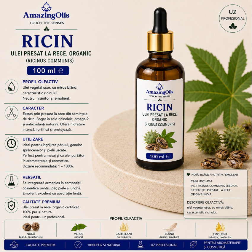 RICIN-Ulei presat la rece, organic (Ricinus communis)-sticla cu pipeta100ml