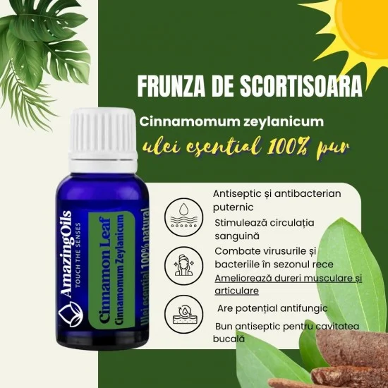 FRUNZE de SCORTISOARA -Ulei esential 100% pur -  CINNAMON LEAF OIL (Cinnamomum zeylanicum) 15 ml