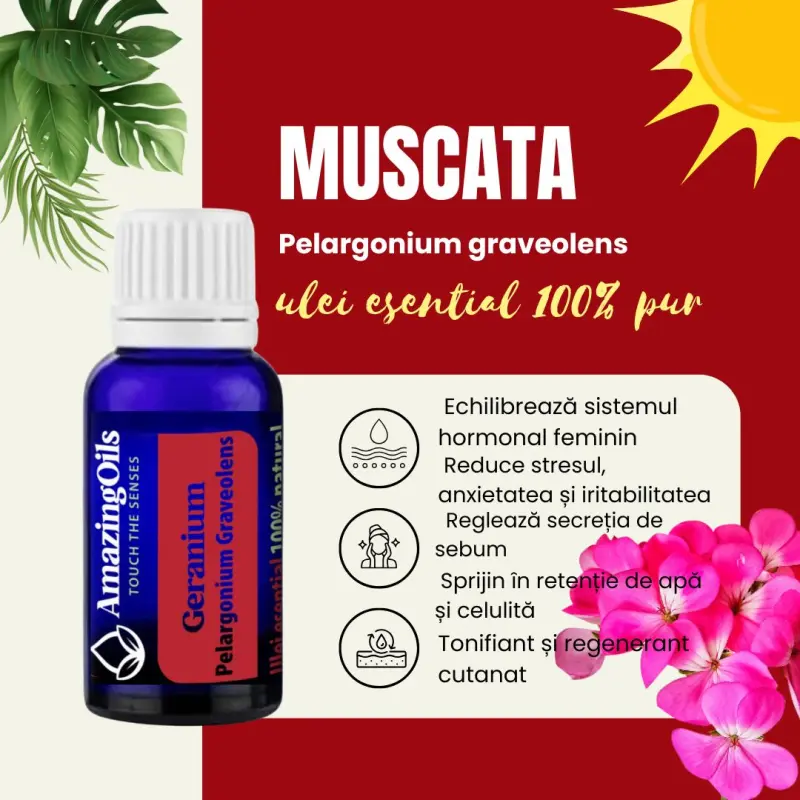 MUSCATA -Ulei esential 100% pur - GERANIUM  (Pelargonium graveolens )15ml