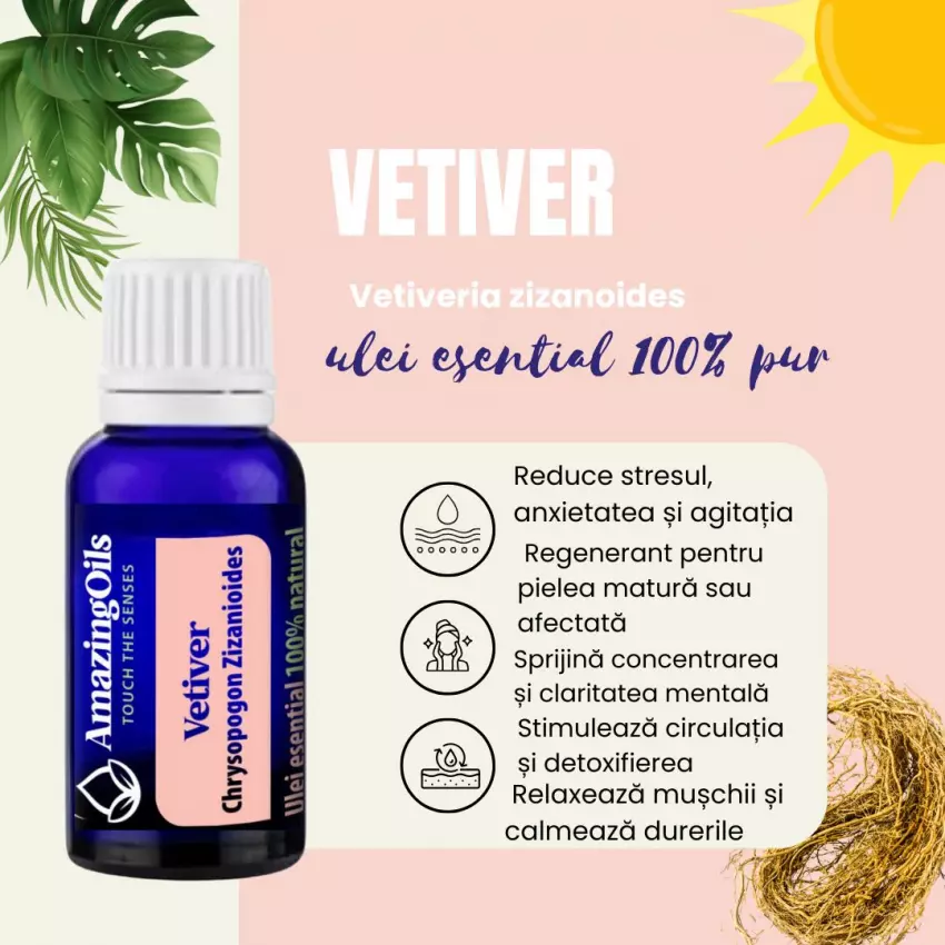  VETIVER -Ulei esential 100% pur -  VETIVER  (Chrysopogon zizanioides) 15 ml 